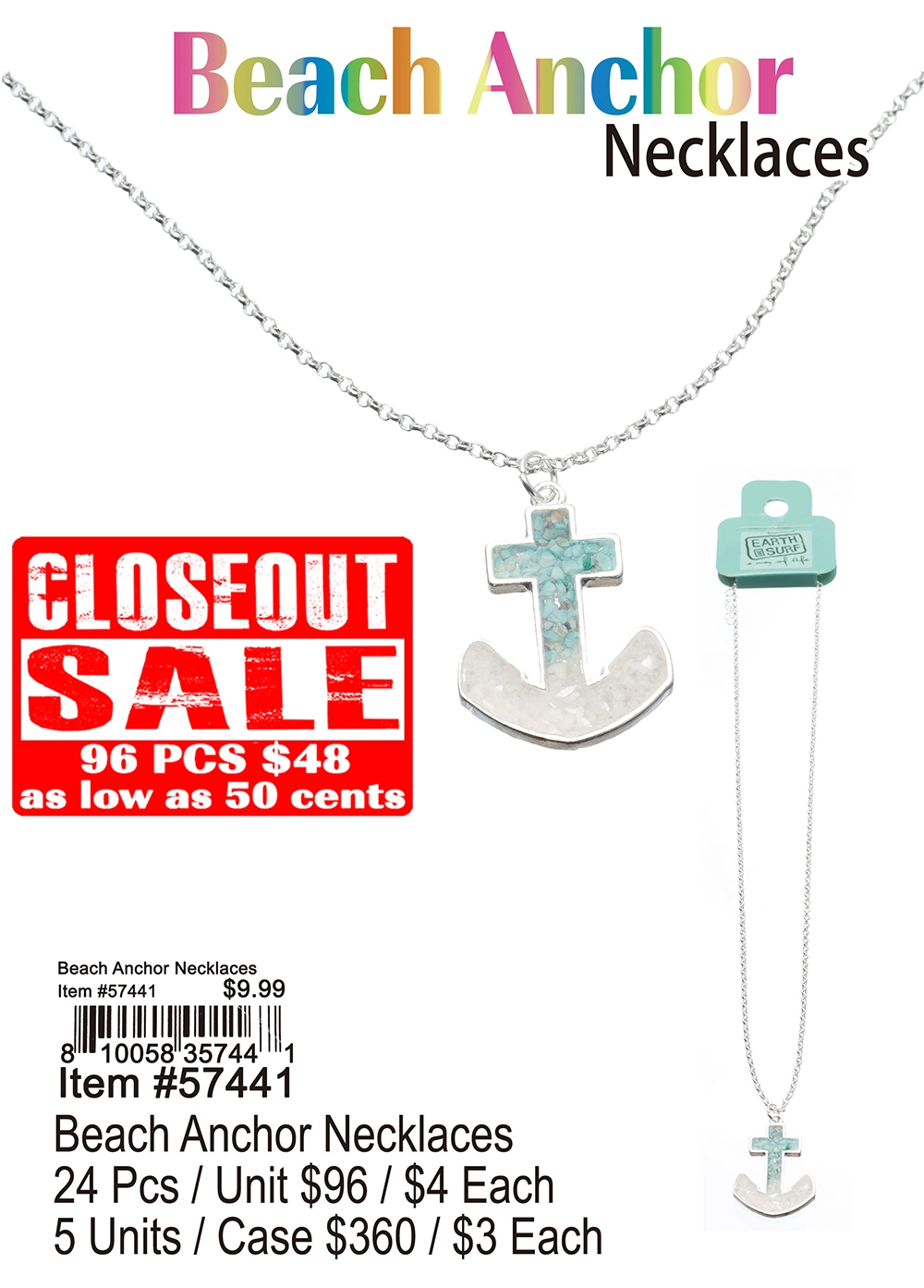 Beach Anchor Necklaces - Closeout 96 Pcs.